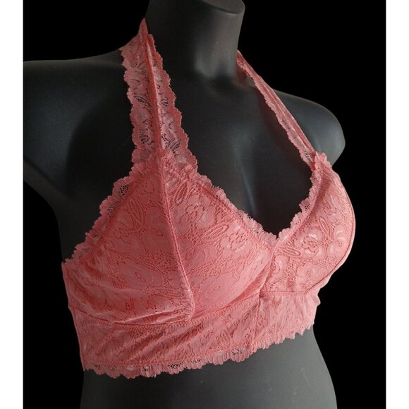 A-Shape  Wirefree Fine Intricate Peach Lace Halter Plunge Bralette Crop bra - Picture 2 of 7